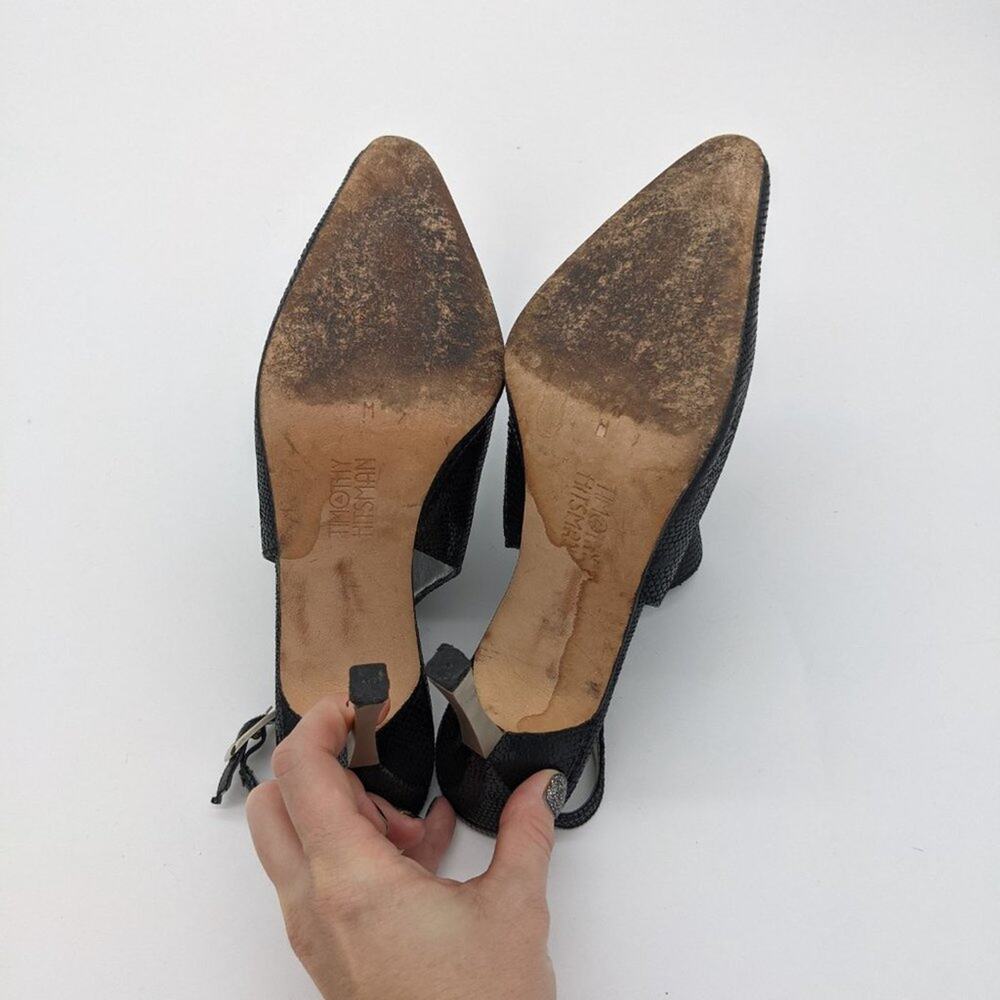 Timothy Hitsman Women's Black Pointed Toe Sling Back Metal Heels Size 8.5 - Picture 6 of 10